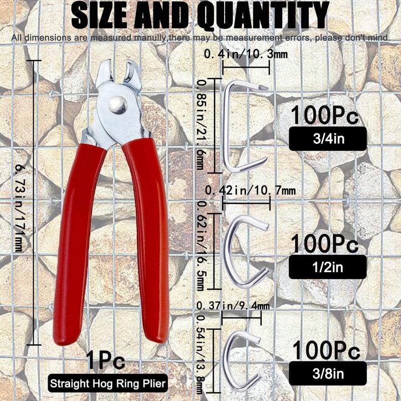 LonlyEagle 300 pcs Hog Rings with Straight Hog Ring Pliers Kit 3/4" 1/2" 3/8 "Galvanized Hog Rings for Animal Pet Cages、Ropes、Bagging、DIY Craft、Furniture - Image 2
